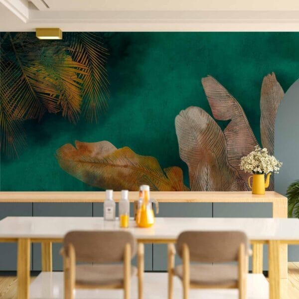 Fotobehang - Exotic jungle - plant motif with reflected leaves on a green background