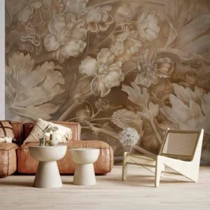 Fotobehang - Floral Ornaments Carved in Delicate Sepia and Brown Shades