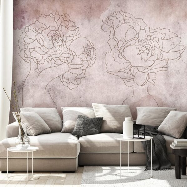 Fotobehang - Floristic abstraction - lineart style silhouettes of people with flowers
