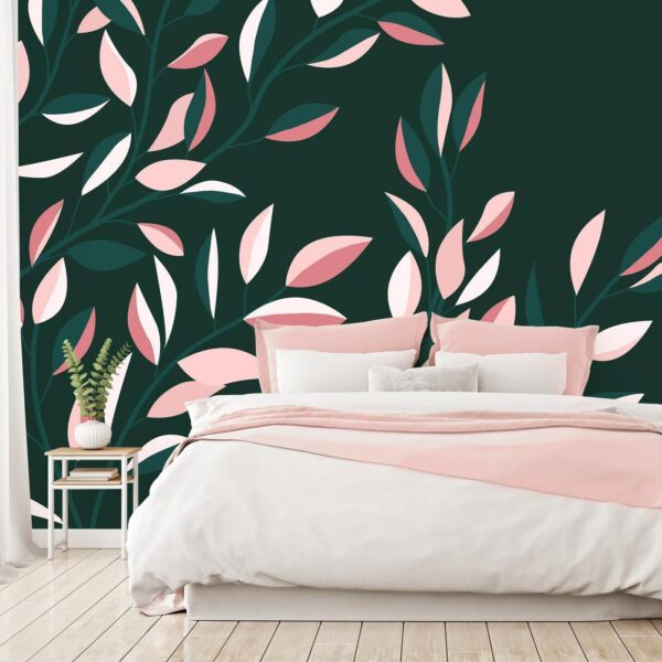 Fotobehang - Flowering vine - minimalist climbing leaves on a green background