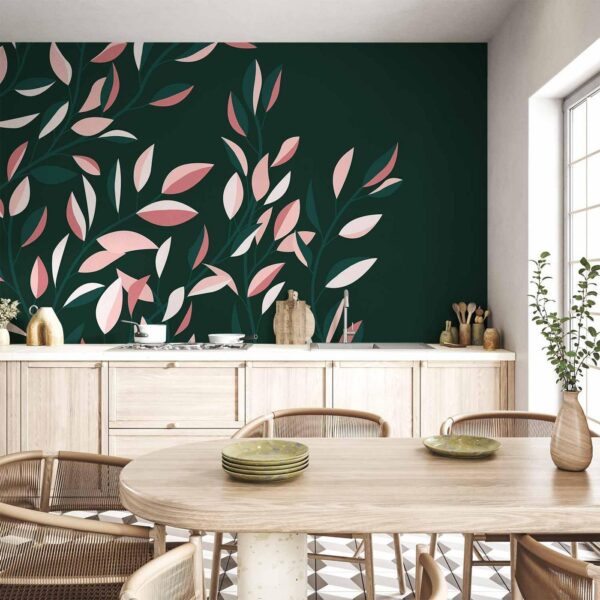 Fotobehang - Flowering vine - minimalist climbing leaves on a green background