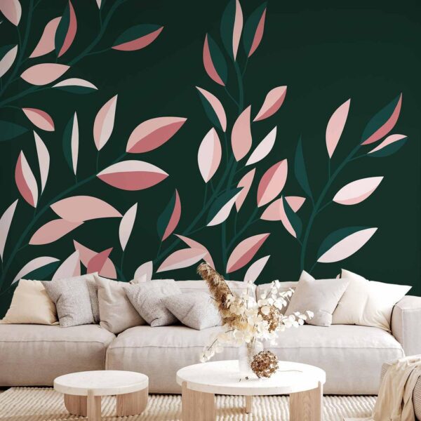 Fotobehang - Flowering vine - minimalist climbing leaves on a green background