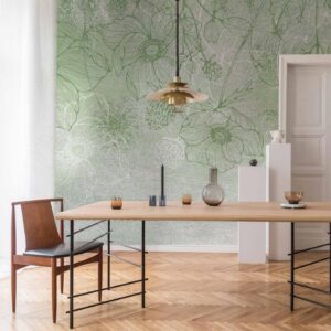 Fotobehang - Flowery meadow - nature with field flowers lineart on green background