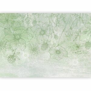 Fotobehang - Flowery meadow - nature with field flowers lineart on green background