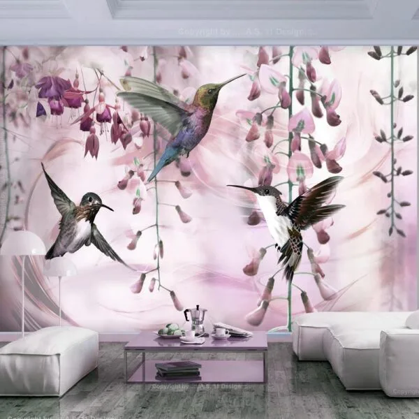 Fotobehang - Flying Hummingbirds (Pink)