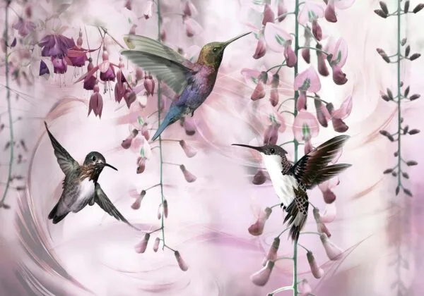 Fotobehang - Flying Hummingbirds (Pink)