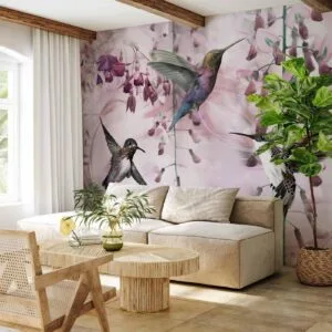 Fotobehang - Flying Hummingbirds (Pink)