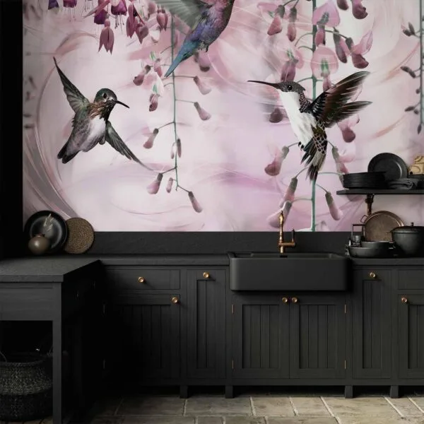Fotobehang - Flying Hummingbirds (Pink)
