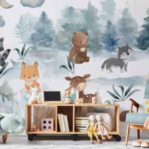 Fotobehang - Forest Games - Animals in a Forest Painted in Watercolours