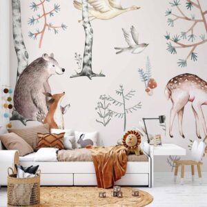 Fotobehang - Forest Land With Animals Painted in Watercolours