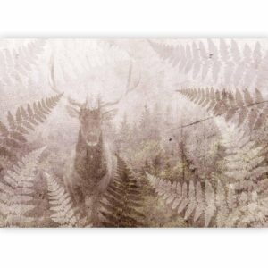 Fotobehang - Forest motif - deer with antlers among fern leaves on concrete pattern