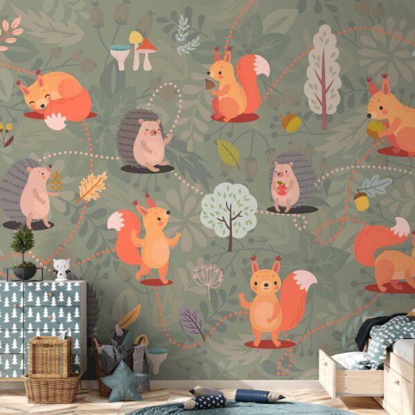 Fotobehang - Friends from the forest - colourful forest with mushrooms and animals for children