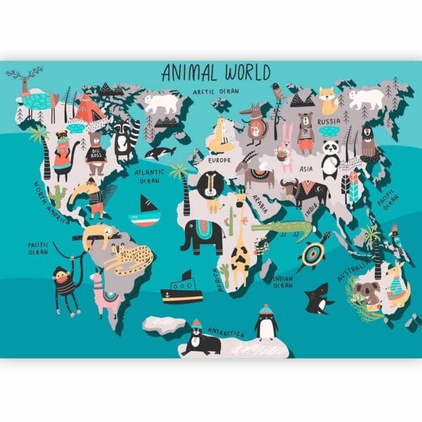 Fotobehang - Geography lesson for children - colourful world map with animals