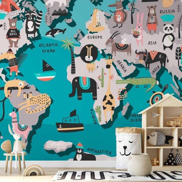 Fotobehang - Geography lesson for children - colourful world map with animals