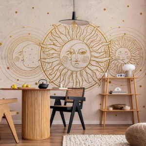 Fotobehang - Golden Sun and Moon - Artistic Illustration in Retro Style