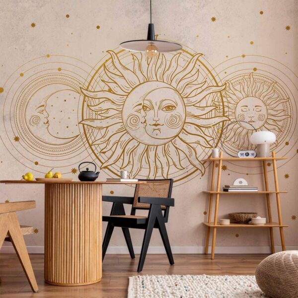 Fotobehang - Golden Sun and Moon - Artistic Illustration in Retro Style