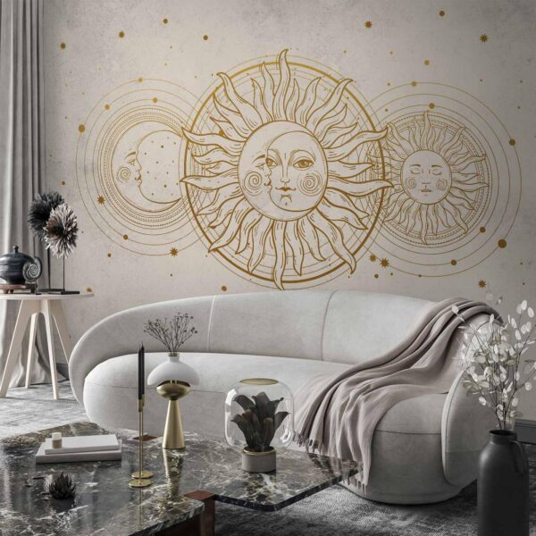 Fotobehang - Golden Sun and Moon - Artistic Illustration in Retro Style
