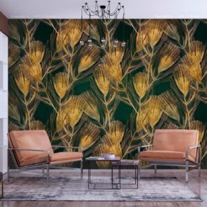 Fotobehang - Golden peacock feathers - solid background with bird pattern on green background