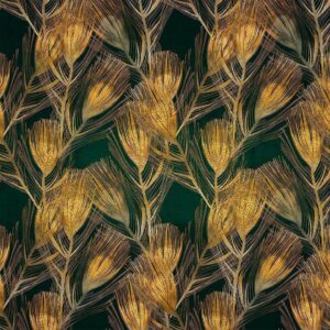 Fotobehang - Golden peacock feathers - solid background with bird pattern on green background