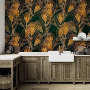 Fotobehang - Golden peacock feathers - solid background with bird pattern on green background