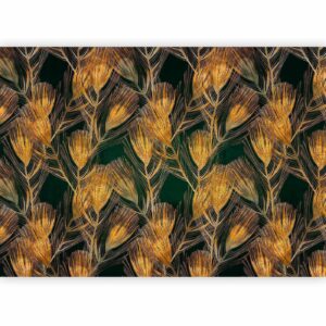 Fotobehang - Golden peacock feathers - solid background with bird pattern on green background