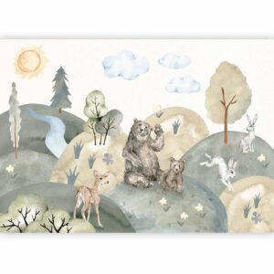 Fotobehang - Green Hills - a Valley With Animals Painted in Watercolours