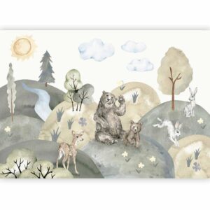 Fotobehang - Green Hills - a Valley With Animals Painted in Watercolours