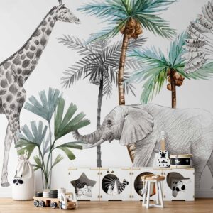Fotobehang - Jungle Animals Wallpaper for Children's Room in Cartoon Style