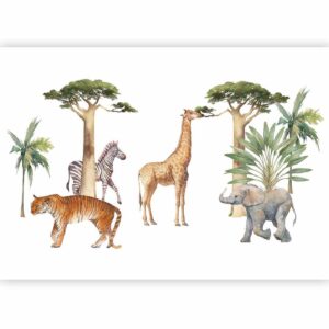 Fotobehang - Jungle Animals on White Background Made With Watercolour Technique