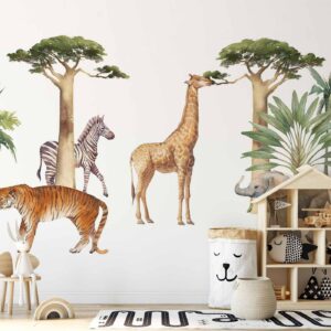Fotobehang - Jungle Animals on White Background Made With Watercolour Technique