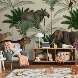 Fotobehang - Jungle Land With Animals in the Style of Old Engravings