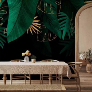 Fotobehang - Jungle and composition - motif of green and golden leaves on a black background