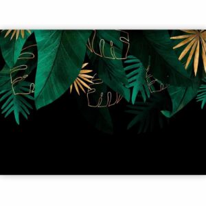 Fotobehang - Jungle and composition - motif of green and golden leaves on a black background