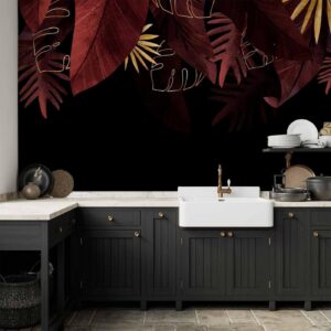 Fotobehang - Jungle and composition - red and gold leaf motif on black background