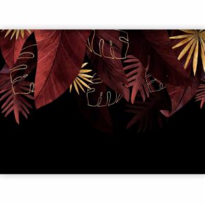 Fotobehang - Jungle and composition - red and gold leaf motif on black background