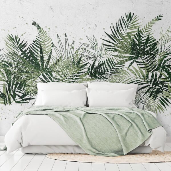 Fotobehang - Jungle and green plume - large tropical leaves on a white background