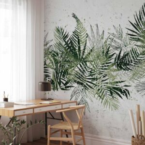 Fotobehang - Jungle and green plume - large tropical leaves on a white background