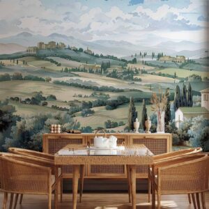 Fotobehang - Landscape with Green Fields and Trees Tuscan Sunny View