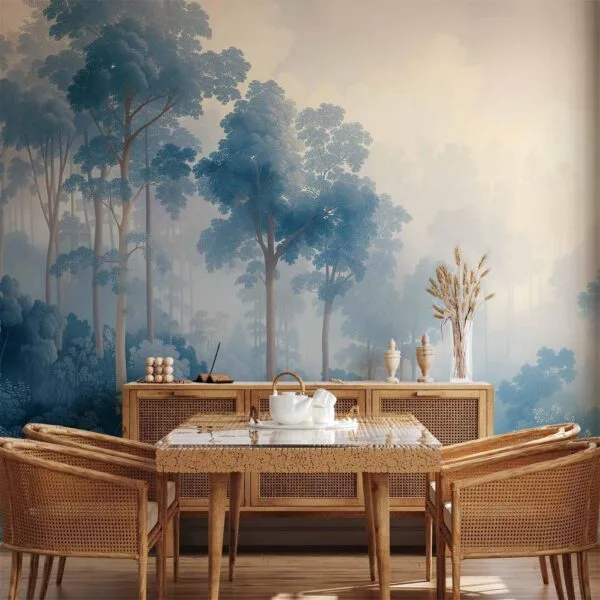 Fotobehang - Landscape with Trees in Illustrative Style Fairy-Tale Blue Forest