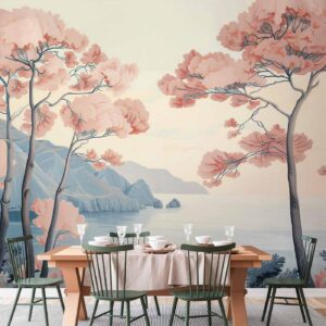 Fotobehang - Landscape with the Ocean Cliffs and Trees in Delicate Pink Shades