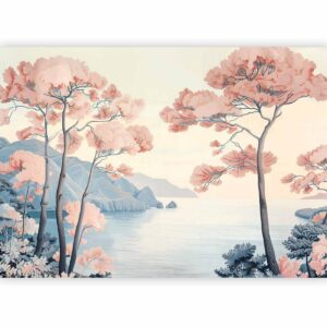 Fotobehang - Landscape with the Ocean Cliffs and Trees in Delicate Pink Shades