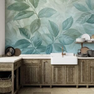 Fotobehang - Large Leaves in Shades of Green-Mint: Botanical Motif