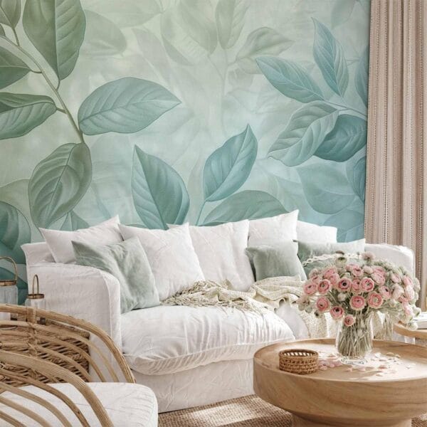 Fotobehang - Large Leaves in Shades of Green-Mint: Botanical Motif