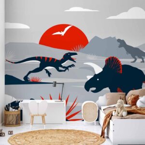 Fotobehang - Last dinosaurs with red - abstract landscape for a room