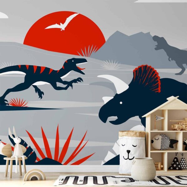 Fotobehang - Last dinosaurs with red - abstract landscape for a room