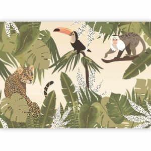 Fotobehang - Leaves and Shapes - Jungle in Faded Colours With Animals