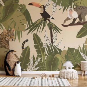 Fotobehang - Leaves and Shapes - Jungle in Faded Colours With Animals
