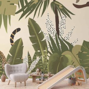 Fotobehang - Leaves and Shapes - Jungle in Faded Colours With Animals