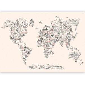 Fotobehang - Map With Icons - Cartoon Representation of the World in Pastel Colours