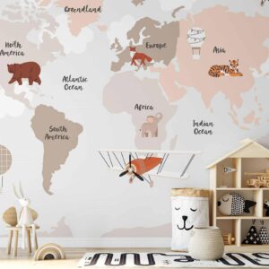 Fotobehang - Map in Shades of Beige - Continents With Animals